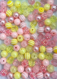 pink, yellow and white beads are on display