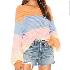 - New - Cozy Knit Sweater - Striped - Oversized Fit - Pastel, But Vibrant Orange Color Block Long Sleeve Sweater, Trendy Orange Sweater For Layering, Orange Color Block Crew Neck Sweater, Cozy Blue Color Block Sweater, Spring Orange Color Block Sweater, Friends Sweater, Buy Sweaters, Ribbed Turtleneck Sweater, Cozy Knit Sweater