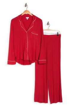 A soft jersey knit pajama set that pairs a collared long sleeve top and drawstring pants delivers effortless style and essential comfort. 2-piece set Shirt: 25" length (size S); Pants: 9.5" rise, 32" inseam (size S) Shirt: notch lapel, long sleeves, front button closures, chest patch pocket, allover print, contrast piping, knit construction Pants: elasticized waist, pull-on style, allover print, knit construction 95% rayon, 5% spandex Machine wash cold Imported Model’s stats for sizing: 5’11” he Construction Pants, Red Salsa, Contrast Piping, Shirt And Pants, Drawstring Pants, Long Sleeve Top, Effortless Style, Knit Jersey, Long Sleeve Shirt