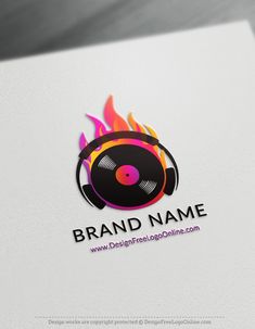 a logo with headphones on fire and the words brand name is shown in black