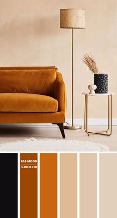 a living room with a couch, lamp and rug in shades of brown to beige