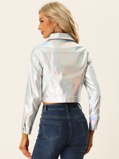 Shop Allegra K for metallic biker holographic button down shiny jacket you are looking for, get more women's jackets for yourelf. Order now! Free Returns! Womens Tailored Suit, Cropped Jackets, Shiny Jacket, Metallic Jacket, Halloween Long Sleeve, Metallic Design, Women's Jackets, Woman Standing, Faux Leather Jacket