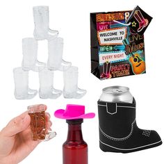 a hand is holding a bottle and several glasses in front of it, including a party puncher