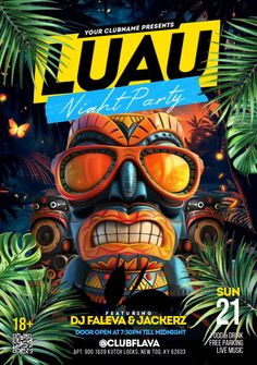 a poster for the luau party with an image of a man wearing goggles