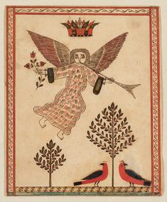 a painting with two birds on it and an angel holding a bottle in the air