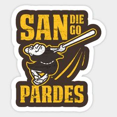 the san diego padres logo is shown in yellow and brown with an image of a baseball player holding a bat