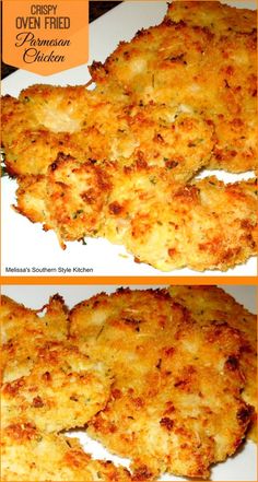 two pictures of chicken patties on a plate with the words disney's oven fried