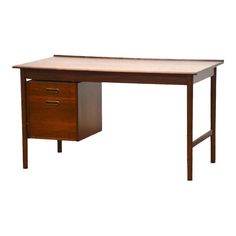 a wooden desk with two drawers on it's sides and an open drawer at the top