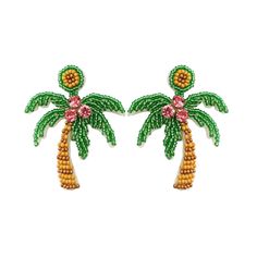 pair of beaded palm trees with pink and yellow flowers on each earring,