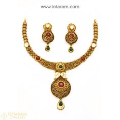 22K Gold Antique Necklace & Drop Earrings Set With Fancy Stones - 235-GS2992 - Buy this Latest Indian Gold Jewelry Design in 39.250 Grams for a low price of  $2,243.00 Vintage Gold Round Bridal Necklace, Heavy Vintage Gold Jewelry, Vintage Jewelry For Celebration With Jewels, Multicolor Intricate Design Necklaces For Formal Events, Multicolor Necklaces With Intricate Design For Formal Occasions, Vintage Jewelry With Intricate Design For Celebrations, Formal Multicolor Necklaces With Intricate Design, Vintage Bridal Necklace With Intricate Design For Celebration, Vintage Jewelry For Celebration With Intricate Design