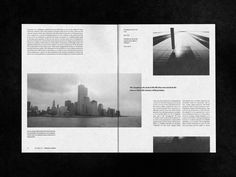 an open book with black and white photos on it's pages, in front of a cityscape