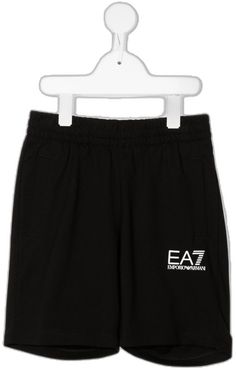 Black Logo Print Shorts, Black Sports Bottoms With Logo Detail, Black Logo Bottoms For Sports, Black Shorts With Ribbed Waistband For Loungewear, Black Cotton Shorts With Logo Print, Casual Black Bottoms With Logo Detail, Cotton Shorts With Logo Print, Sporty Cotton Shorts With Logo Print, Casual Black Shorts With Logo Print