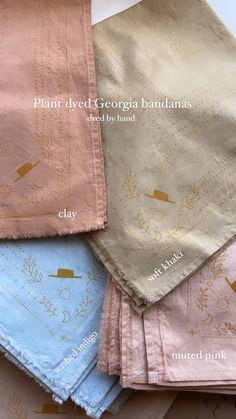 four different colored napkins with gold designs on them and the words plant dye georgia bandanas printed on them