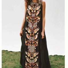 Showstopper Flowy Floral Embroidered Maxi Dress From Anthropologie. Size 4p. Hits At Ankles For 5'3". Lined, Breezy, Boho, Great Used Condition, Worn Only A Couple Of Times.