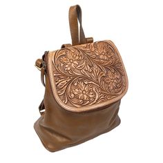 Scout Leather Co. Daisy Tooled Zipper Top Backpack - Tan ACCESSORIES - Luggage & Travel - Backpacks & Belt Bags Scout Leather Goods Leather Crossbody Backpack With Zipper Pocket, Brown Leather Backpack With Zipper Closure, Leather Crossbody Backpack With Zipper, Leather Crossbody Backpack With Zipper Closure, Top Backpacks, Zipper Top, Front Zipper, Adjustable Straps, Daisy