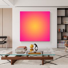 a living room filled with furniture and a large pink painting on the wall over a glass coffee table