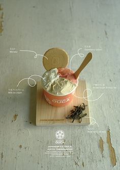 an ice cream sundae on a wooden tray