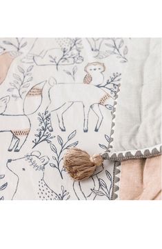 a close up of a blanket with animals on it