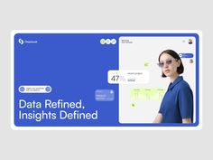 a woman in blue shirt standing next to a whiteboard with data refresh, insights defined on it