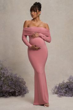 Pretty Perfect | Blush Pink Maternity Ruched Mesh Bardot Maxi Dress Baby Shower Dresses Black Women, Pink Baby Shower Dress, Pink Pregnant, Velvet Maternity Dress, Vestidos Para Baby Shower, Elegant Maternity Dresses, Pink Maternity Dress, Maternity Dress Outfits, Maternity Photoshoot Outfits