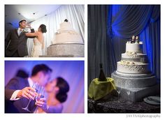 a couple getting ready to cut their wedding cake and drink champagne at the same time