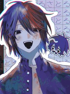 an anime character with purple hair and blue eyes is looking at something in front of him