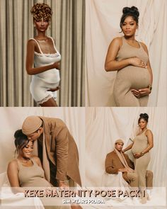 the pregnant couple is posing for pictures together