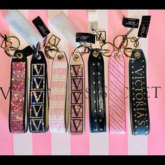 Victoria’s Secret Wristlet Keychain Charm Accessories Rhinestone You Pick 1 Black W/ Gold Studs -1 Black Silver Rhinestone Logo-2 Pink/Red Fuchsia Logo- 3 Pink Mirrored Iconic Stripe Rhinestone- 4 The Ultimate Hands-Free Accessory. Add This Wristlet Strap To Pouches Or Keys To Keep Essentials Close. In Our Iconic Stripe With A Luxe Rhinestone Finish. Attaches To Totes, Backpacks, Or Can Be Used Separately As Keychain 1 1/4" X 6 3/4" Imported Metal And Polyurethane Vs Wristlet Strap, Victoria Secret Wristlet Strap, Victoria Secret Key Chain, Victoria Secret Keychain Wristlet, Victoria Secret Accessories, Bedazzled Gifts, Vs Keychain, Pink Keychains, Victoria Secret Keychain