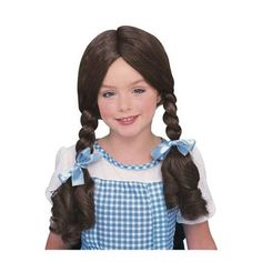 Emulate Dorothy with this classic brown wig! The Dorothy Wig for Children is a brown hair wig with Dorothy's signature pigtails with attached blue bows. You'll want to walk down yellow brick road when you wear this costume wig. Size: Standard.  Color: Black. Wizard Of Oz Dorothy Costume, Dorothy Halloween Costume, Pigtail Wig, Dorothy Dress, Wizard Of Oz Dorothy, Dorothy Wizard Of Oz, Dorothy Costume, Black Halloween Costumes, Wizard Costume