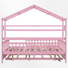 a pink bunk bed with wooden slats on the top and bottom rails, against a white background