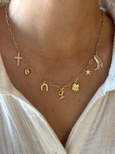 14k gold filled charm necklace, 17" Dainty Charm Necklace, Stacked Jewelry Necklaces, Charm Necklace Aesthetic, Gold Necklace Aesthetic, Charm Necklace Ideas, Beachy Jewelry, Necklace Stack, Stacked Jewelry, Pretty Jewellery