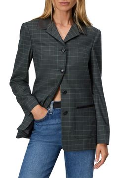 A faux-leather collar polishes a wool-blend blazer gridded in a muted plaid pattern. 28" length (size 4) Front button closure Spread collar Front patch pockets Lined 53% wool, 45% polyester, 2% spandex Dry clean Imported Fall Plaid Blazer With Concealed Placket, Designer Plaid Outerwear For Work, Designer Plaid Outerwear For Office, Houndstooth Blazer, Plaid Blazer, Leather Collar, Leather Blazer, Wool Plaid, Wool Blazer