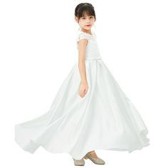 The elegant bodice is made of delicate floral lace and illusion neckline with cap sleeves. The satin skirt has 3 layers, top 1 layer is made of satin, 2nd layer is a netting attached to the 3rd layer for additional fullness, the 3rd layer is a satin lining to bring comfort to your little girl while wearing the dress. Size: 8.  Color: White.  Gender: female.  Age Group: kids. Girls Tulle Dress, Fancy Gowns, Flower Girl Dresses Tutu, Toddler Flower Girl Dresses, Tulle Flower Girl, Girls Casual Dresses, Birthday Girl Dress, Princess Gown