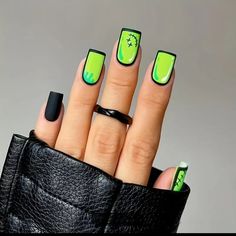 Matte Black And Neon Green Medium Length Press On Nail Kit Elaborate Costumes, Wicked Nails, Cartoon Nail Designs, Neon Nail Art, Neon Green Nails, Nagellack Trends, Summer Nail Designs, Short Fake Nails, Scorpio Season