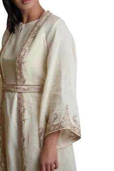 Shop for Sue Mue Off White Cotton Embroidered Jacket Kurta Set for Women Online at Aza Fashions Long Kurta, Kurta Set For Women, Beads Embroidery, White Kurta, Embroidered Jacket, Kurta Set, Cotton Jacket, Set For Women, Aza Fashion