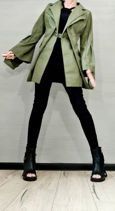 "New collection Military Green Avant Garde Blazer, Extravagant jacket, Asymmetrical Jacket, Deconstructed Futuristic Clothing, Gothic Blazer ❤️ Extravagant designs and high quality fabrics! ❤️ Materials & Care Polyester, Cotton, Textille Hand wash at low temperatures. Do not machine dry. Do not iron. Do not dry clean! ❤️ Sizing We can make your piece from XS to 5XL! Everything in the shop can be also made according to your measures free of charge! ❤️ Shipping ✈ Ready to ship The time I need Hoodie And Blazer, Green Avant Garde, Scifi Outfit, Asymmetrical Fashion, Layered Clothing, Steampunk Shoes, Futuristic Clothing, Asymmetrical Jacket, Geometric Fashion