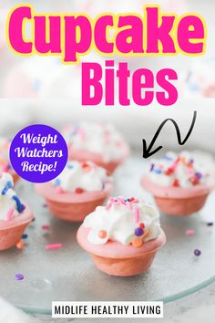 cupcake bites with white frosting and sprinkles are on a plate