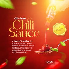 the advertisement for chili sauce is shown with an image of a spoon pouring ketchup on it