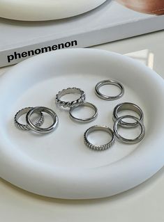 Ring pack Princess Polly Lower Impact 100% reclaimed zinc Pack of eight Silver toned Ring Inspo Silver, Classy Punk, Silver Rings Aesthetic, Silver Rings Set, Silver Rings Simple, Silver Ring Set, Rings Silver, Jewelry Lookbook, Cute Rings