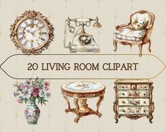 an image of living room clipart with furniture and flowers in vases on the table