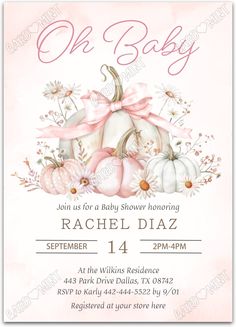 a pink and white baby shower with pumpkins, daisies and flowers on it