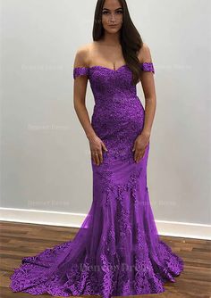 Trumpet Mermaid Off The Shoulder Court Train Tulle Prom Dress Outfits For Women With Lace Appliqued Fitted Off-shoulder Mermaid Dress For Formal Events, Off-shoulder Fitted Mermaid Wedding Dress, Fitted Off-shoulder Mermaid Dress With Sweep Train, Fitted Off-shoulder Mermaid Wedding Dress, Purple One-shoulder Fitted Evening Dress, Purple Fitted One-shoulder Evening Dress, Purple Fishtail Formal Evening Dress, Off-shoulder Fitted Mermaid Dress For Prom, Fitted Off-shoulder Mermaid Dress For Banquet