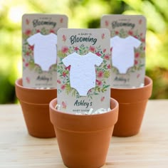 three flower potted plants with baby clothes tags in them on top of each planter