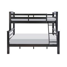 the bunk bed is black and has white mattresses