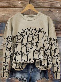 Material: Cotton Blend Pattern Type: Print/Letter Sleeve Type: Long sleeve Style: Women Fall Outfits, Autumn Fashion Women Fall Outfits, Print Sweatshirt, Cat Shirts, Autumn Fashion Women, Cat Print, White Sweatshirt, Grey Sweatshirt, Printed Sweatshirts