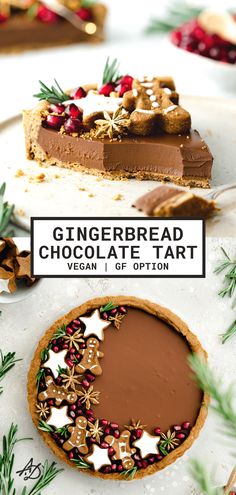 a slice of gingerbread chocolate tart on top of a white plate with christmas decorations