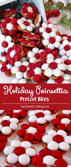 holiday poinsettia pretzel bites with red and white frosting on them