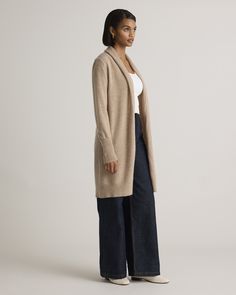 She's long, luxe, and lusciously comfy. This long cardigan has a shawl-collar with a versatile open front that you just want to bundle up in, and rib cuff and hem details to elevate the look. Our quality cashmere is incredibly long-lasting and three times as warm as wool, sourced sustainably and ethically. Read more on what makes it special in our Cashmere 101.  | Quince | Women's Mongolian Cashmere Duster Cardigan Sweater in Oatmeal, Size Large Cashmere Shawl Collar Sweater Coat For Work, Elegant Cashmere Cardigan With Shawl Collar, Fall Cashmere Outerwear With Shawl Collar, Versatile Everyday Cashmere Outerwear, Classic Cashmere Sweater Coat With Shawl Collar, Winter Cashmere Cardigan With Shawl Collar, Versatile Cashmere Cardigan For Winter, Long Cashmere Outerwear For Layering, Winter Cashmere Open Front Cardigan