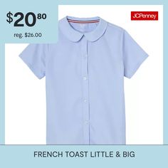 This oxford blouse from French Toast is the perfect style to keep your little or big girl sharply tailored for school, thanks to its back darts for the perfect fit. It's made from a soft cotton-blend poplin with a round Peter Pan collar, short sleeves, and button-down closures. Wear tucked in a pleated skirt with mary jane shoes.Closure Type: ButtonFit: Regular FitNeckline: Collar NeckSleeve Length: Short SleeveSleeve Style: Fitted SleeveFiber Content: 55% Cotton, 45% PolyesterFabric Descriptio… Spring Button-up Shirt For School, Spring Cotton School Uniform Tops, School Uniform Tops With Collar, Classic Button-up Tops For School, Solid Summer Shirt For School, Classic Tops For School In Spring, Classic Spring Tops For School, Classic Spring Blouse For School, Classic Summer School Tops