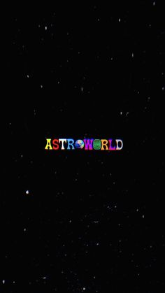 the word astroworld written in multicolored letters on a black background with stars